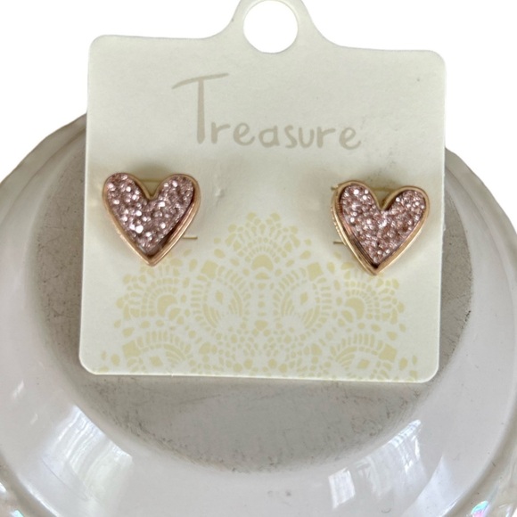 New Rose Gold Tone Lab Created Druzy Heart Stone Stud Earrings - Picture 6 of 7